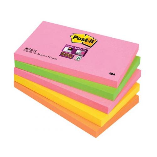 Cheap Stationery Supply of 3M Post-It Super Sticky Colour Note Pads (76mm x 127mm) Neon Rainbow (1 Pack of 5 Pads, 90 Sheets Per Pad) Offer: Buy 3 Packs for the Price of 2 (January - March 2015) 655-SN-XX200 Office Statationery