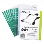 Rexel Polished Pocket Reinforced Green Strip Top-opening 80 Micron A4 Glass Clear Ref 12265 [Pack 100] 008772