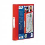 This picture shows a set of 10 Elba Vision Ring Binders with a clear front pocket, a red color, and 4 O-rings that can hold up to 25mm of A4-sized documents. The binders are made of PVC material and have a sleek design.