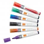 The picture shows 12 Nobo Whiteboard Pens, with a bullet tip and 3mm line width, in assorted colors. The pens are designed for use with whiteboards, flipcharts, and overhead projectors, and feature liquid ink for easy dry-wipe cleaning.