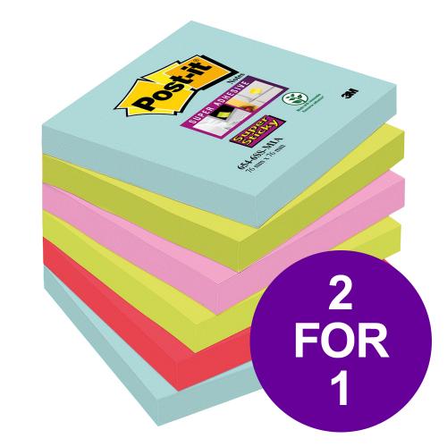 Cheap Stationery Supply of Post-It Super Sticky Notes Miami 76x76mm Bright Colours 654-6SS-MIA Pack of 6 2 For 1 Apr-Jun 2019 Office Statationery