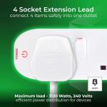 Masterplug Four Socket Extension With Individual Switches, 2 Metres, White 087098