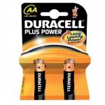 The photo shows two Duracell AA batteries, in their signature copper packaging. The label reads Duracell Plus Power Battery Alkaline 1.5V and Pack of 2. The batteries are stacked on top of each other, with the bottom one slightly tilted. The packaging also features the iconic Duracell bunny logo.