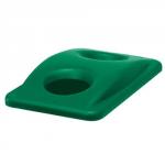 The picture shows a vibrant green Rubbermaid bottle lid designed for slim Jims waste containers. The lid is made specifically for Rubbermaid bins and fits perfectly on top, keeping contents securely sealed.