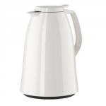 This image shows a white Emsa Mambo vacuum jug with a 1 litre capacity. The jug has a sleek and modern design with a easy clean feature. It is an Emsa brand product and is perfect for keeping beverages hot or cold.