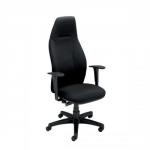 This photo showcases the Adroit Posture Seating Adroit Posture Fabric High Back Chair in black upholstery with a plastic frame. The chair has adjustable arms for maximum comfort and support. Its sleek design and sturdy construction make it a great addition to any office space.