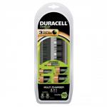 A photo of Duracell rechargeable batteries and a CEF22 multi charger. The charger can accommodate AA, AAA, C, D, and 9V rechargeable batteries.