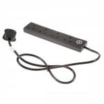 The picture shows a sleek and minimal black power strip with 4 sockets, measuring 2m and featuring surge protection. The unbranded design gives a clean and modern look. The extension lead is suitable for various devices and appliances.