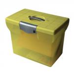 In the image, we see a lime green file box made of plastic with the brand name Pierre Henry on the top. The box is open and filled with about 20 suspension files, neatly organized and held in place. The lid is closed but has a small opening for easy access to the files. The box has a modern and functional design, perfect for storing important documents or papers.