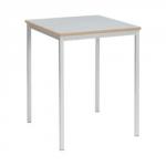 The image features a chic square table in a sleek silver frame. The smooth grey surface gives a modern touch to any classroom setting. The simplicity of the design makes it adaptable to various styles of décor. Ideal for group discussions or individual work, this table is versatile and functional.