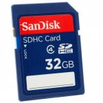 The image shows a group of compact, rectangular memory cards with the SanDisk logo on them. Each card has a capacity of 32GB and is labeled as part of the SanDisk Standard series. The cards are the SDHC type and have a Class 4 speed rating.