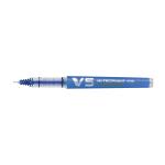 The photograph shows a package of 10 Pilot V5 Rollerball Pens. The pens feature a fine 0.5mm tip and a 0.3mm line for precise writing. The pens use a Pilot Pen Cartridge System and are refillable. The color of the pens is a vibrant blue.