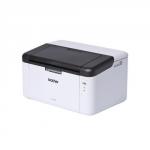 The image shows a sleek Brother HL-1210w A4 Mono Laser Printer from the Brother Multifunction Printers line. The printer has a clean white exterior and a compact design, with buttons and a display screen on the front. A paper tray is visible at the bottom, and a printed document is sitting on top. The printer is surrounded by a clean, modern office setup.