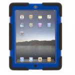 This photograph features a Griffin Technology iPad case, specifically the Survivor Military-Duty Case in black and blue, designed for an iPad Mini. The case appears sleek and durable, with a protective design to withstand tough conditions.