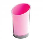 In the picture, there is a vibrant pink Rexel JOY Pencil Cup sitting on a tidy desk set. The pencil cup has a sleek, modern design with a glossy finish. The desk set features various compartments and organizers, including a pen holder, paper tray, and storage trays. The overall look is clean and tidy, with a touch of playful color from the pink pencil cup. The set would make a great addition to any workspace.