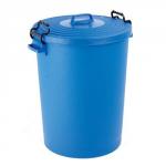 This photograph features a simple and functional No-Name Dustbins dustbin with a blue lid, boasting a capacity of 110 litres. The blue lid adds a bright touch to the otherwise mundane appearance of the dustbin.