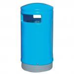 The photo shows a blue hooded top bin with a capacity of 110 litres, designed for outdoor use. The bin has a sleek and easy-to-clean surface, making it ideal for outdoor spaces.