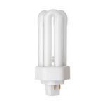 This image shows a pack of GE Lighting Tungsram light bulbs, featuring a 13W power and 4pin hex plugin design. The bulbs are GX24q-1 type, with a dimmable feature and 900lm brightness. They appear in a warm white color and have a long lifespan.