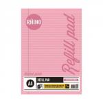 The picture shows a set of notebook refill pads made by Rhino Stationery. Each notebook is A4 size and has 100 pages with 8mm ruled lines and a margin. The color of the refill pads is pink and they come in a pack of six. The pages have a smooth texture, and the covers have a glossy finish. The notebooks are neatly stacked on top of each other, showcasing the vibrant pink color. The edges of the pages are crisp and white, with no visible signs of wear and tear. The notebook set exudes a sense of quality and durability, perfect for everyday use.