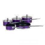 The photo shows a stunning set of Morphy Richards Accents Plum 5 Piece Pans, including a frying pan, milk pan, and three saucepans, all crafted in a sleek and modern design. These Morphy Richards Kitchen Essentials are essential for any stylish kitchen.