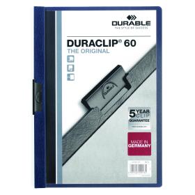 Durable Duraclip Folder PVC Clear Front 6mm Spine for 60 Sheets A4 Midnight Blue Ref 2209/28 Pack of 25 132579