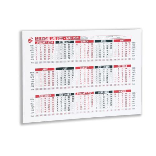 5 Star Office 2020 Wall Or Desk Calendar Jan 2020 March 139565