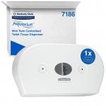 The Kimberly-Clark Tissue Dispensers are compact and functional, fitting two rolls of toilet tissue. Made of white plastic, these dispensers have a sleek design and a secure top. They are a convenient addition to any bathroom, providing easy access to toilet tissue.