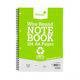 Silvine Recycled Notebook Wirebnd 70gsm Ruled Margin Perf Punched 4 Holes 104pp A4 Ref TWRE80 [Pack 12] 147338