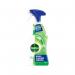 The picture shows a bottle of Reckitt Benckiser Group plc Dettol Antibacterial Mould & Mildew Remover Spray, 750ml. The label reads Washroom and Toilet Cleaning in big letters. The background is a clean, white bathroom with tiles, a sink, and a toilet. The spray bottle is prominently displayed, with a blue and green label. There is a clear cap and a trigger to spray. The product claims to remove mould and mildew and has the iconic Dettol logo.