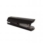 The picture shows a sleek, black Fellowes stapler with the model name Lx820. The stapler has a full-strip design and can staple up to 20 sheets at once. The built-in Microban technology helps prevent the growth of bacteria.