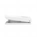 The photograph shows a sleek, white Fellowes Lx820 stapler with Microban technology. It can staple up to 20 sheets at a time with its full-strip design. The stapler has a modern look and is perfect for any office setting.