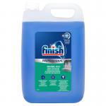 This picture shows a 5L bottle of Reckitt Benckiser Group plc Cleaning and Maintenance Finish Professional Rinse Aid. The label on the bottle displays the product name, company logo, and a detailed description of the products features. The bottle is clear with a blue liquid inside and a red cap. In the background, there are cleaning supplies and equipment, indicating that this product is likely used for commercial or professional cleaning purposes.