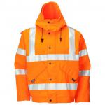 The photo shows a bright orange bomber jacket made by Beeswift. It is designed for use in foul weather and features high visibility and Gore-Tex material. It is a large size and may have a lead time of up to 3 days.