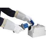 This photograph shows a pair of white Polyco electrician gloves in size 10, with a cover for added protection. The gloves have a textured surface for increased grip and flexibility, and the cover has a secure closure. The overall appearance is sleek and professional.