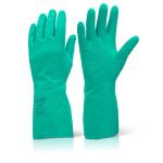 This photo features a pack of 10 Click2000 rubber gloves, specifically their Nitrile Gauntlet Flocked Lined version in size 8 medium. The gloves are a vibrant green color and have a textured pattern on the fingers for improved grip. They are lined for comfort and have a lead time of up to 3 days.