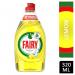 The picture showcases a bottle of Procter & Gambles Fairy Washing Up Liquid in lemon scent. The 320ml bottle features a vibrant label with the brands iconic blue fairy mascot. The liquid inside is a bright yellow color, perfect for cutting through grease and leaving dishes sparkling clean.