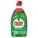 In the photograph, a bottle of Procter & Gambles Fairy Washing Up Liquid can be seen. The 320ml bottle has the original scent and is labeled with the product name and brand. The green liquid inside is visible through the clear bottle.