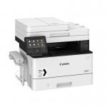 The photograph shows a sleek black Canon i-SENSYS MF445dw multifunction mono laser printer, capable of printing on A4 paper. Its modern design includes the trademark Canon logo and model number.