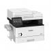 The photograph shows a sleek black Canon i-SENSYS MF445dw multifunction mono laser printer, capable of printing on A4 paper. Its modern design includes the trademark Canon logo and model number.