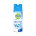 The picture shows a bright yellow can of Reckitt Benckiser Group plcs Dettol All in One Disinfectant Spray in a refreshing Crisp Linen scent. The can is 400ml and displays the Dettol logo prominently. The background is a clean, modern white.