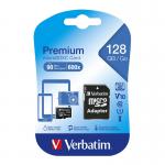 The image shows a stack of Verbatim memory cards. The top card is a black Micro SDXC card with a capacity of 128GB, featuring the Verbatim logo and product details. A small adapter is included for ease of use.