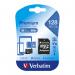 The image shows a stack of Verbatim memory cards. The top card is a black Micro SDXC card with a capacity of 128GB, featuring the Verbatim logo and product details. A small adapter is included for ease of use.