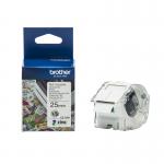 The photo shows a sleek and compact Brother Colour Label Printer with a 25mm wide roll cassette, alongside various Brother Label Tapes. The labels and printer are designed for easy use and professional-looking results, making it a must-have for any office or home organization needs. The tapes come in a variety of vibrant colors for easy categorization.