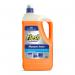 The photo shows a 5 litre bottle of Procter & Gamble Multipurpose Cleaner Flash Prof All Purpose Cleaner. The label states that it is suitable for washable surfaces and has a refreshing citrus fragrance. The product is in a clear bottle with a green and white label.
