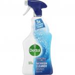The photograph shows a bottle of Reckitt Benckiser Group plc Washroom and Toilet Cleaning Dettol Power & Pure Bathroom, 1 litre in size. The label prominently displays the product name and brand logo in clear lettering. The bottle is partially filled with a blue liquid and has a white cap. The background is a clean, white surface, creating a simple and modern aesthetic.