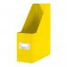 The image shows a yellow Leitz Click & Store Magazine File from ACCO Brands Books & Magazine Racks. The magazine file has a collapsible design, making it easy to store and transport. The bright yellow color adds a pop of color to any space. The file has a sleek and modern appearance, with a clean and organized look. It is perfect for storing magazines, journals, and other papers, helping to declutter and organize any workspace.