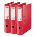 The photo shows a collection of bright red ACCO Brands Lever Arch Files, specifically the Rexel Choices LArch File. These files have a sturdy 75mm spine and are designed to hold Foolscap-sized paper. Each file is made of durable polypropylene material.