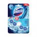 A photo of the Unilever Toilet Blocks Domestos Power 5 Rimblock Ocean shows a blue and white rim block with a powerful ocean scent. The block is designed for deep cleaning and refreshing your toilet bowl. The packaging features the Unilever and Domestos logos.