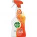 This picture shows a 1 litre bottle of Reckitt Benckisers Dettol Power & Pure Kitchen cleaner. The bottle has a blue label with the product name and company logo, and an image of a sparkling clean kitchen. The liquid inside is clear and there is a sprayer nozzle at the top.