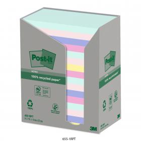 Post-it?? Recycled Notes, Assorted Colours, 76 mm x 127 mm, 100 Sheets/Pad, 16 Pads/Pack 168308
